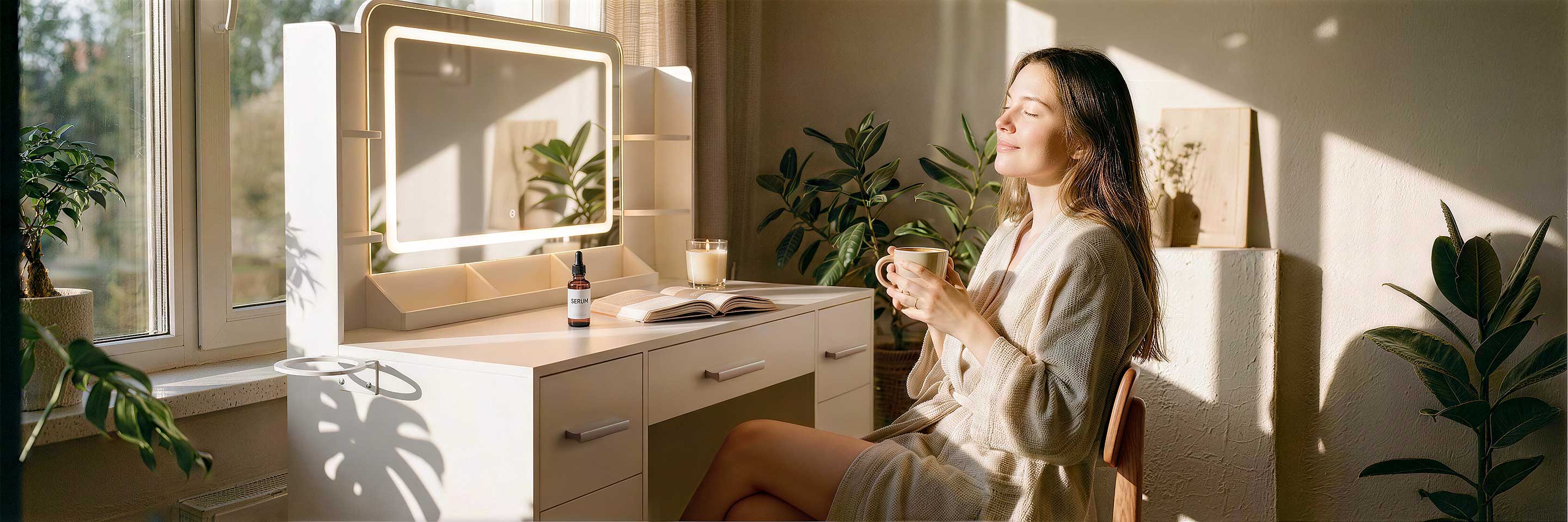 A serene morning scene of a woman soaking in the sunlight at her Treevan makeup vanity, representing the about us story and our mission: glow on your terms."