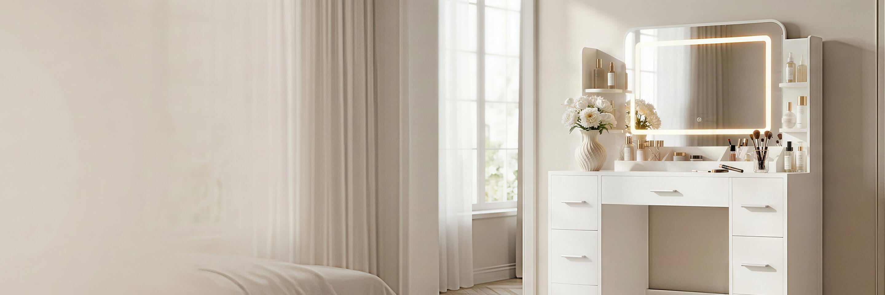 Sunlit modern bedroom featuring a sleek Treevan LED vanity table, illustrating our mission to bring elegance and functionality to your personal space.