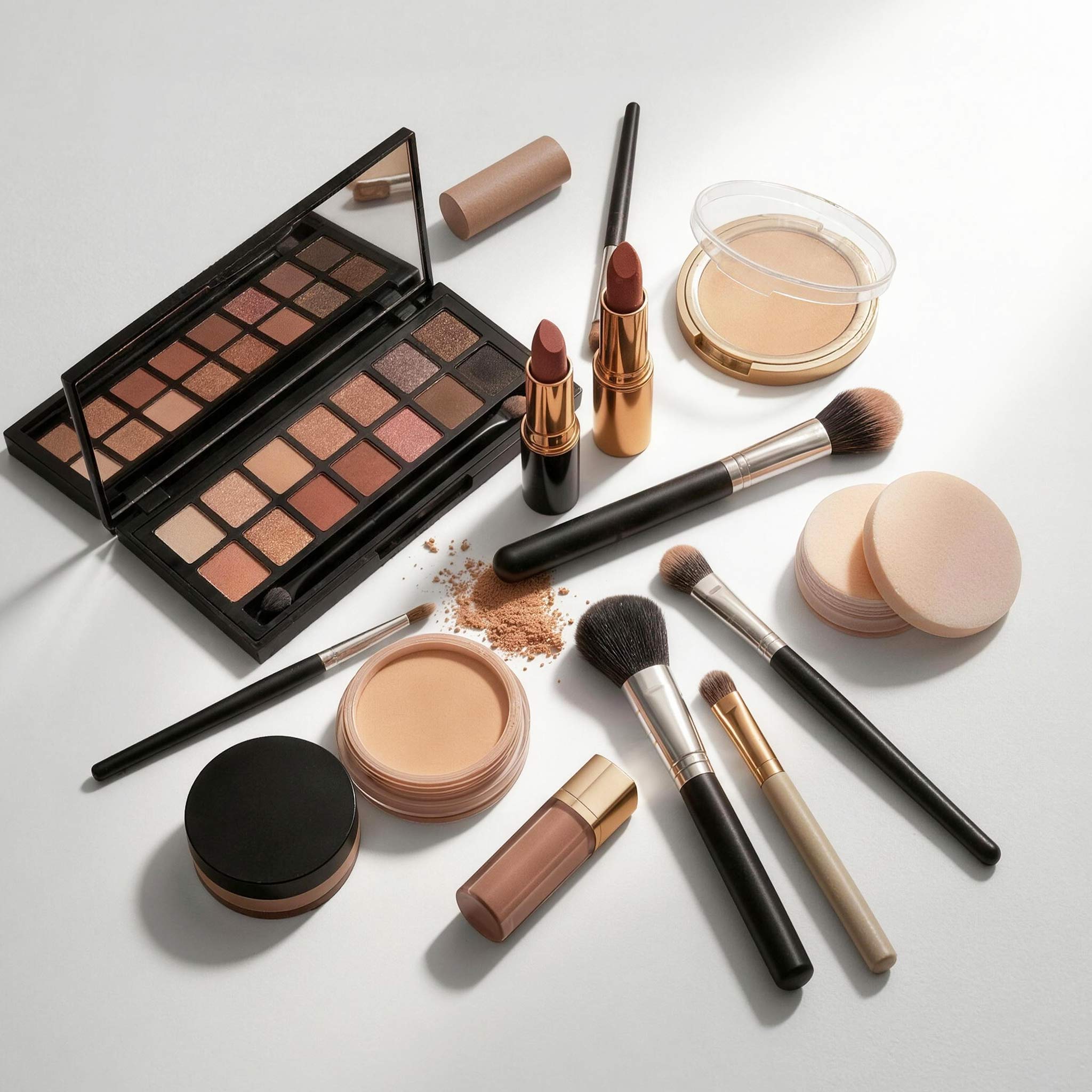 Scattered premium cosmetics and makeup brushes on a white background, representing a high-quality beauty routine that lacks an organized environment.