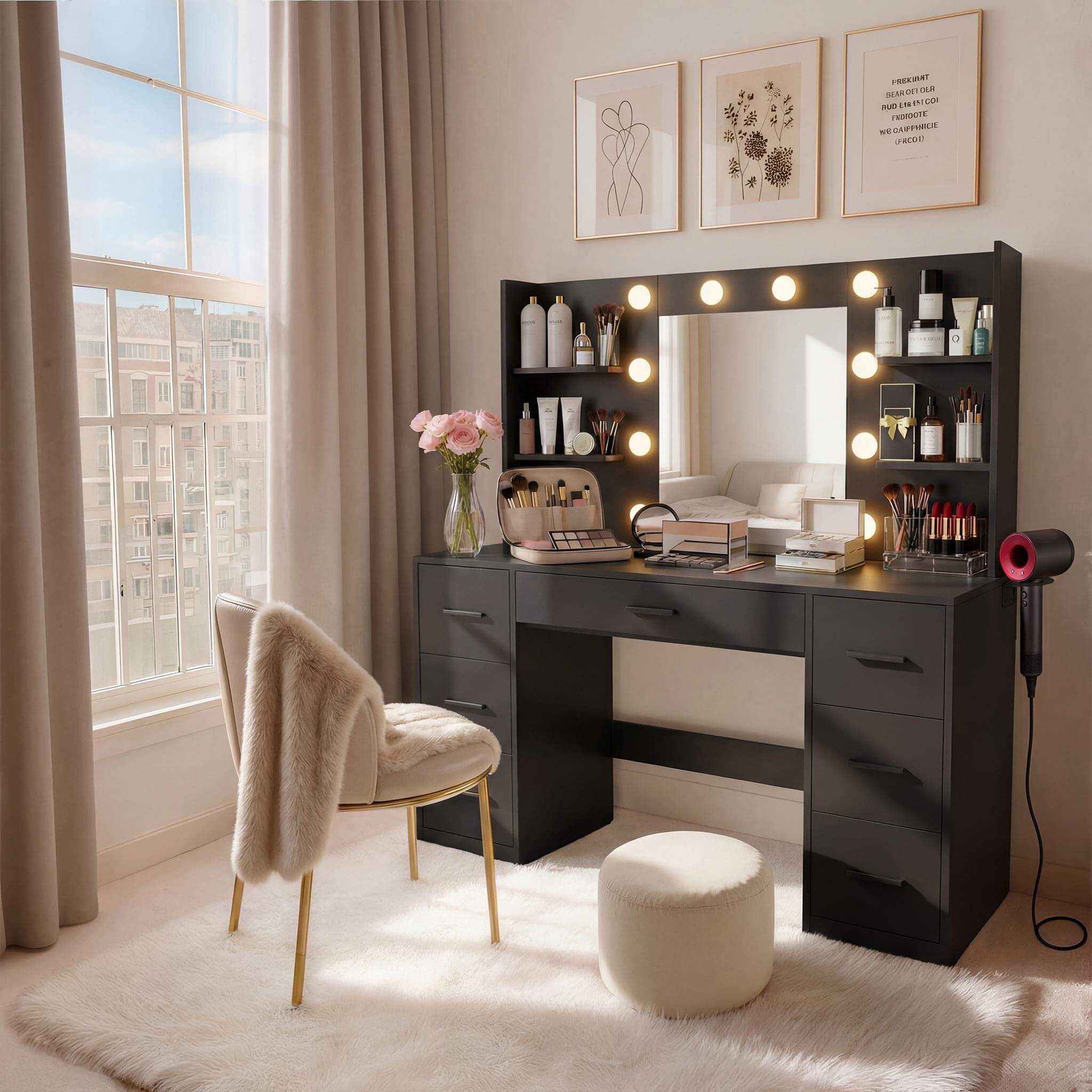 Black Treevan Aura Vanity set with lighted mirror placed in a cozy bedroom setting.