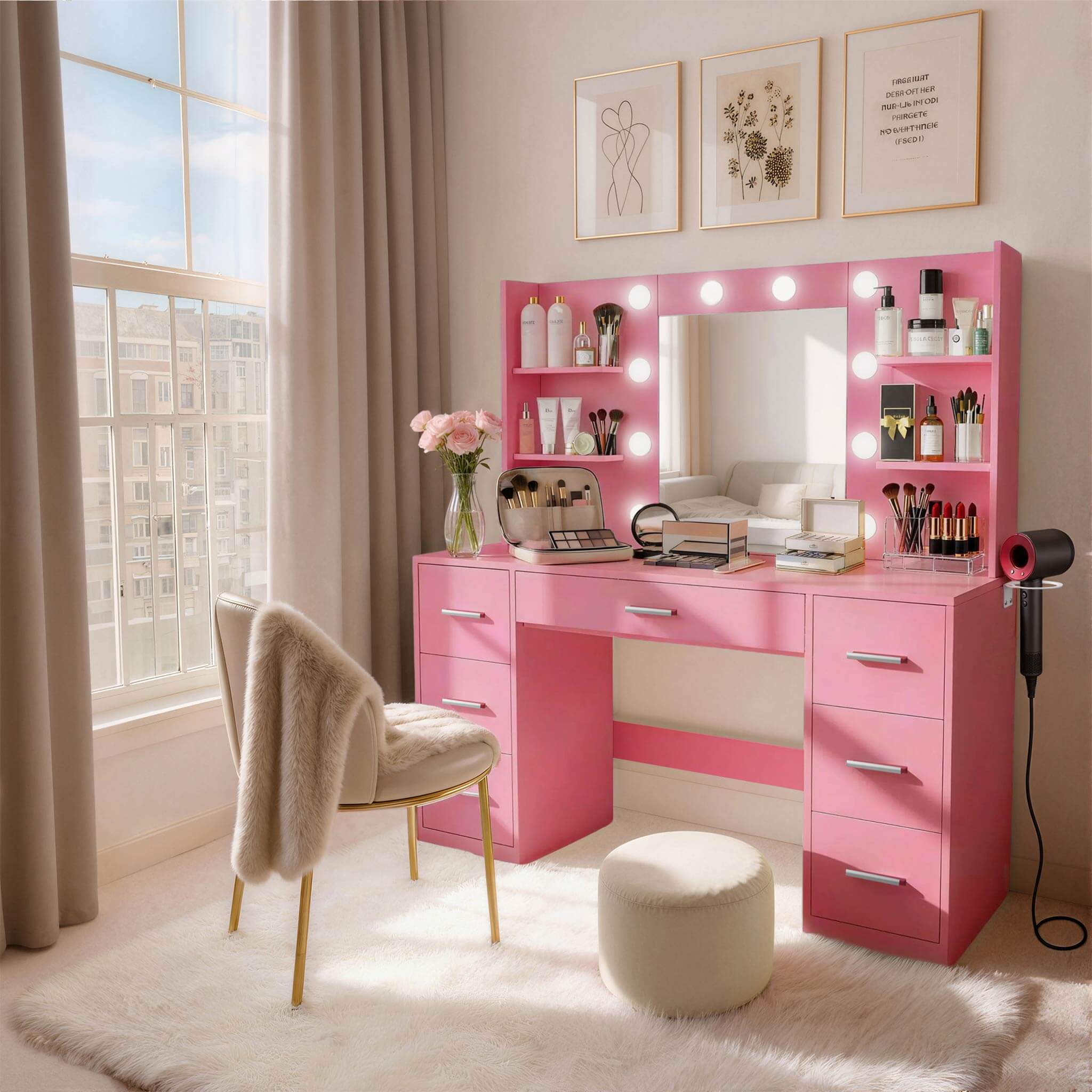 Rose Pink Treevan Aura Vanity set with lighted mirror placed in a cozy bedroom setting.
