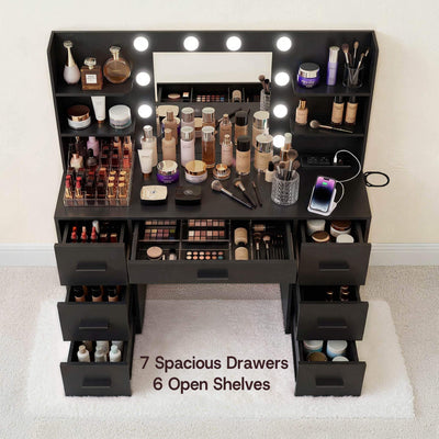Black Treevan Aura large makeup desk featuring 7 spacious drawers and 6 open shelves.