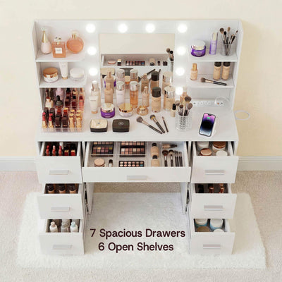 White Treevan large makeup desk featuring 7 spacious drawers and 6 open shelves.