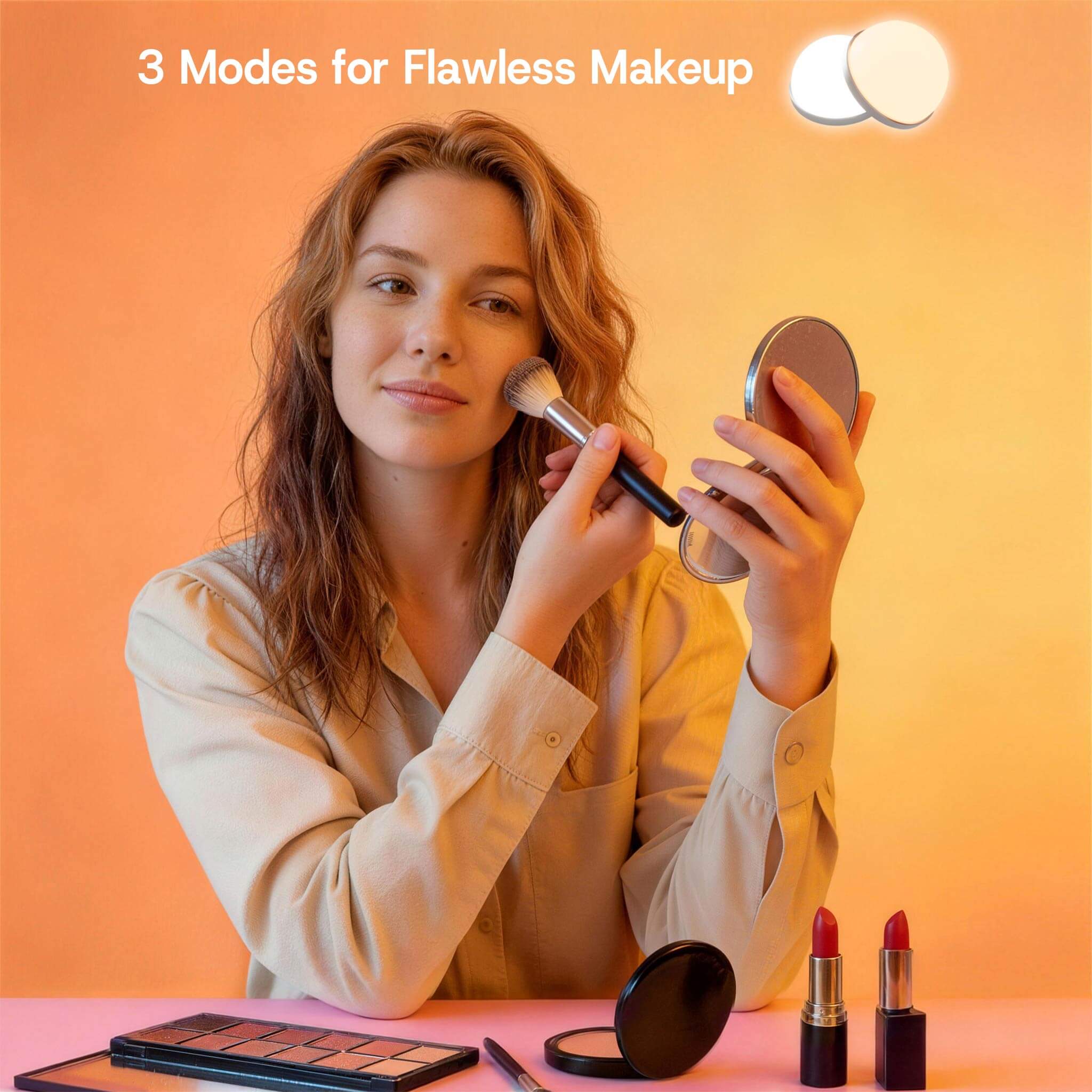 Rose Pink Treevan Aura Vanity mirror with 3 adjustable lighting modes for flawless makeup application.