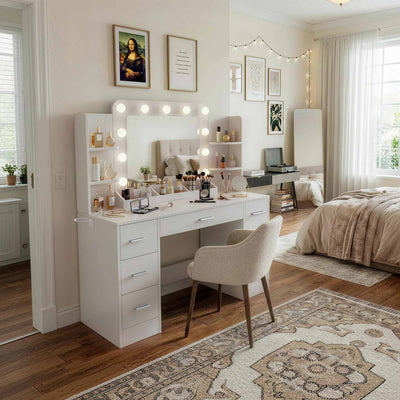 White Treevan Aura Plus Vanity set with Hollywood lights placed in a modern bedroom setting.