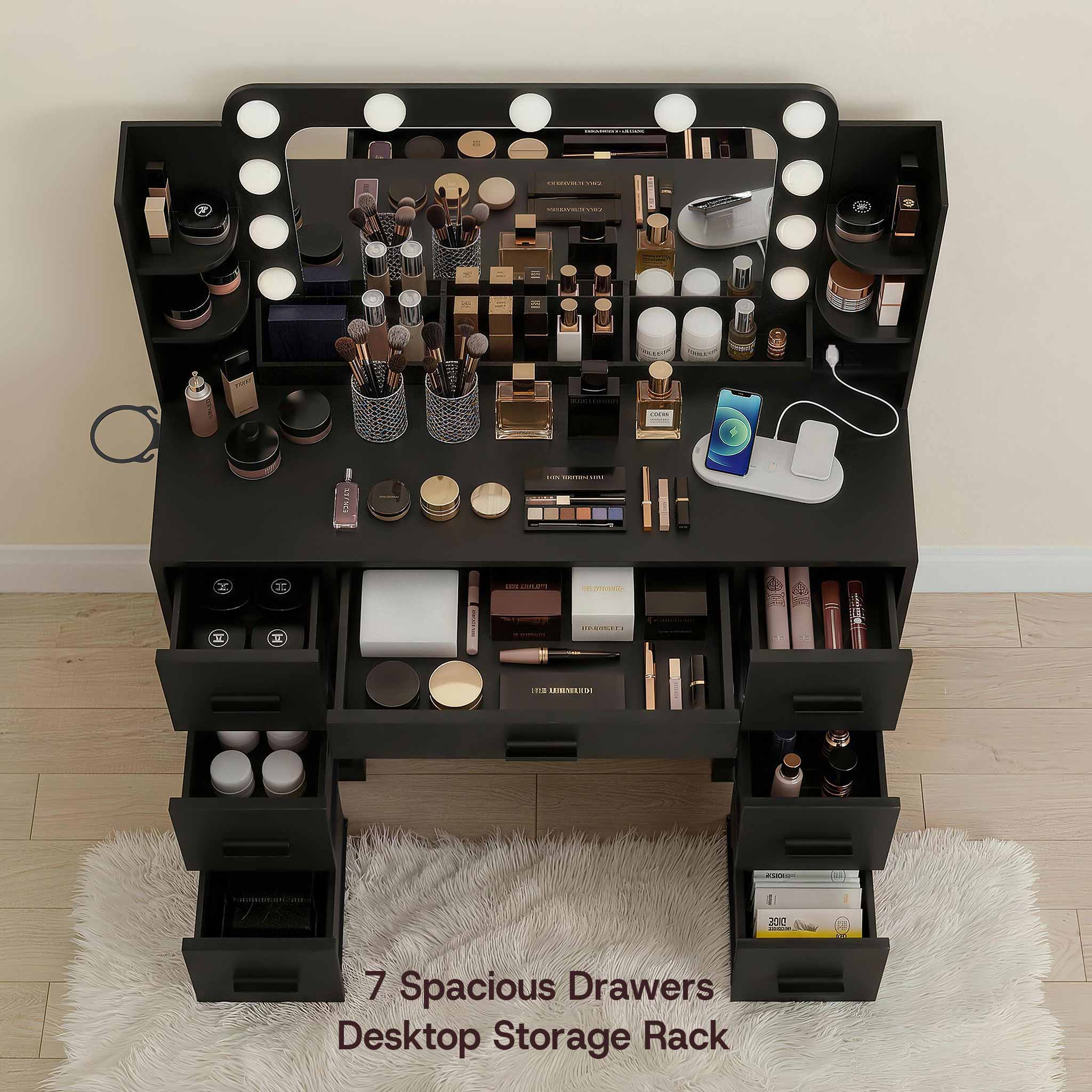 Black Treevan Aura Plus makeup desk showing open drawers and large storage capacity for beauty essentials.