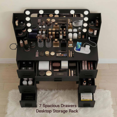 Black Treevan Aura Plus makeup desk showing open drawers and large storage capacity for beauty essentials.