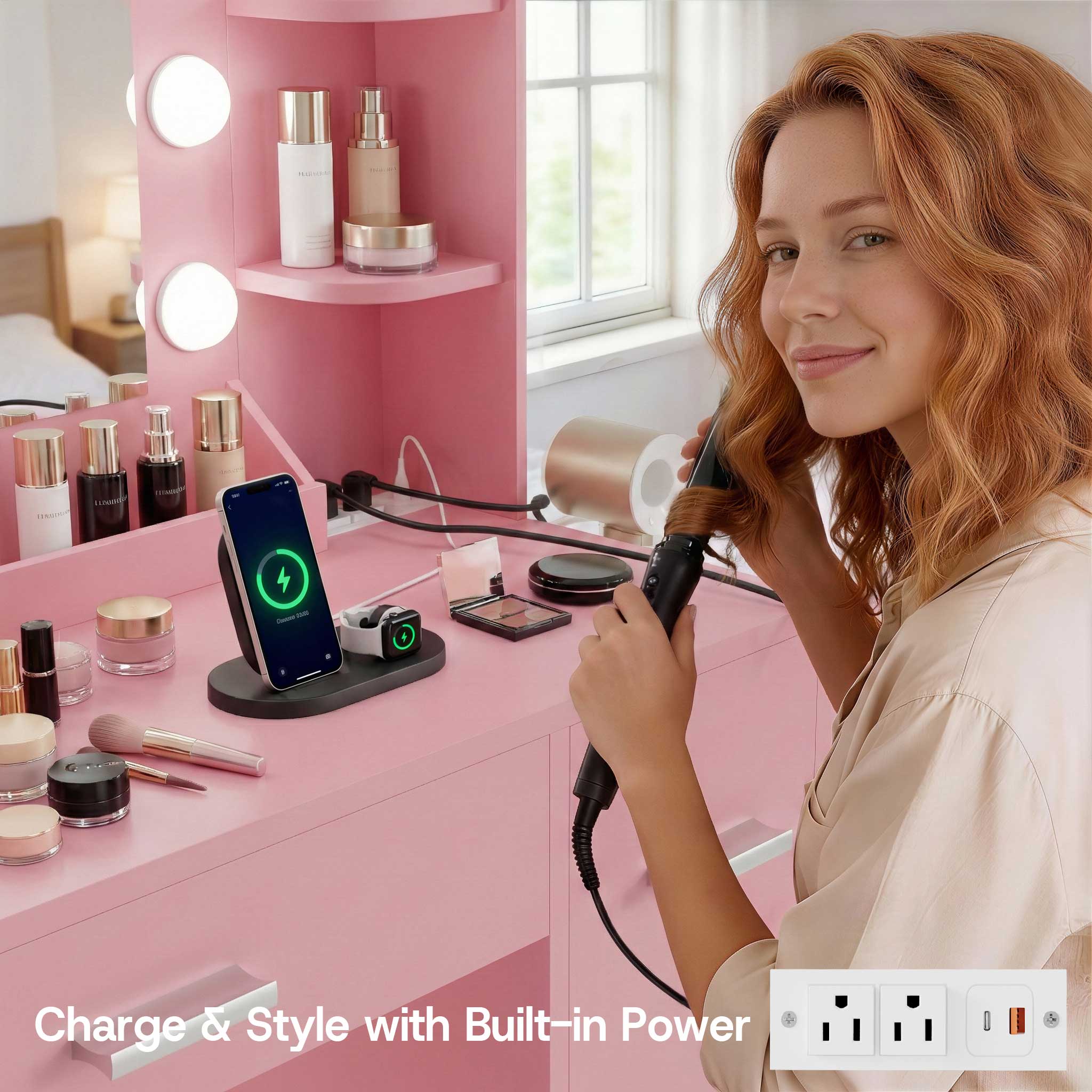Woman styling hair at Light Pink Treevan Aura Plus Vanity featuring built-in power outlets and USB ports.