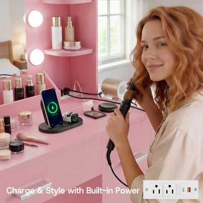 Woman styling hair at Light Pink Treevan Aura Plus Vanity featuring built-in power outlets and USB ports.