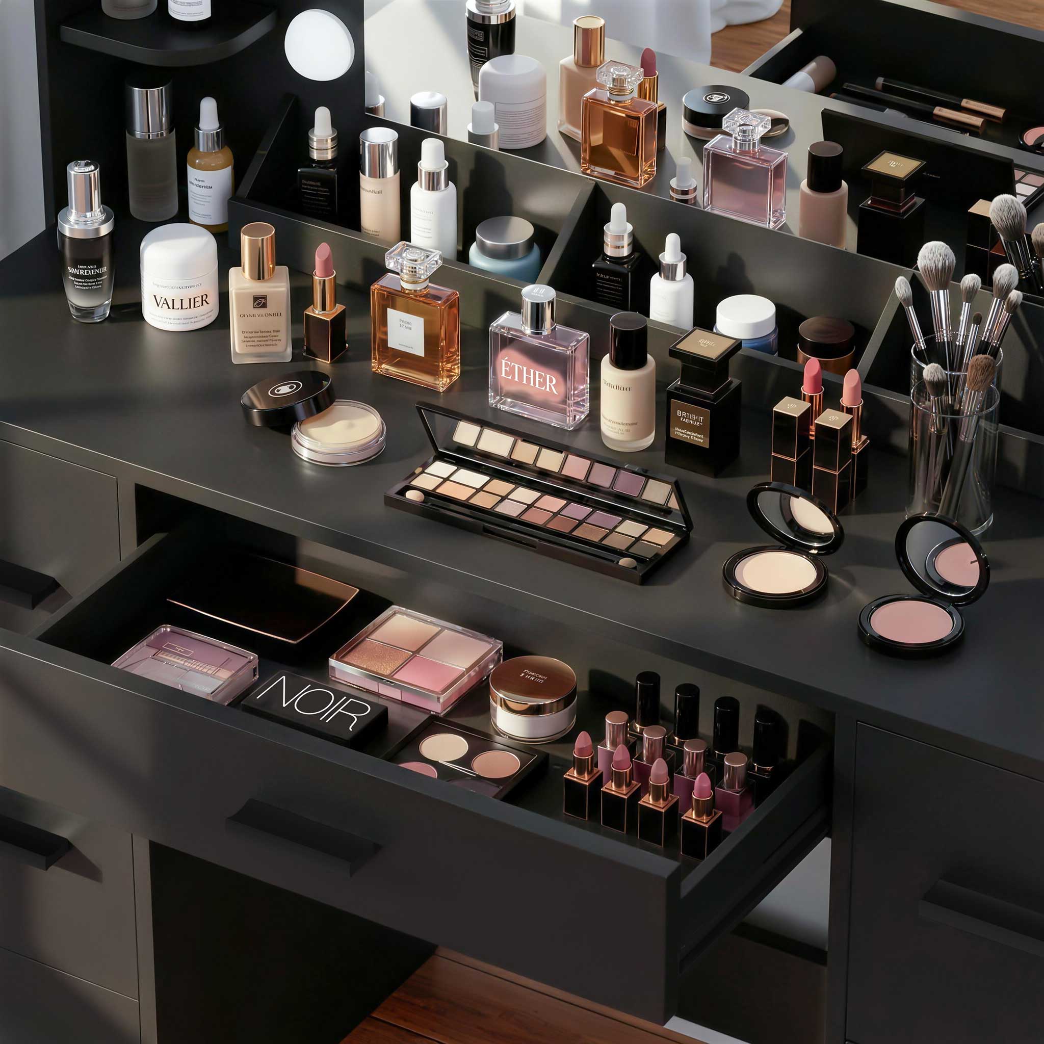 Close-up of Black Treevan Aura Plus Vanity desktop storage rack organized with perfumes and cosmetics.