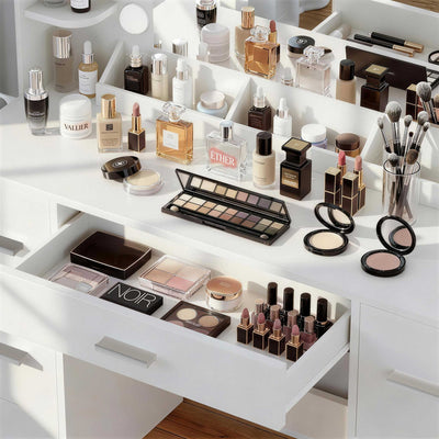 Close-up of White Treevan Aura Plus Vanity desktop storage rack organized with perfumes and cosmetics.