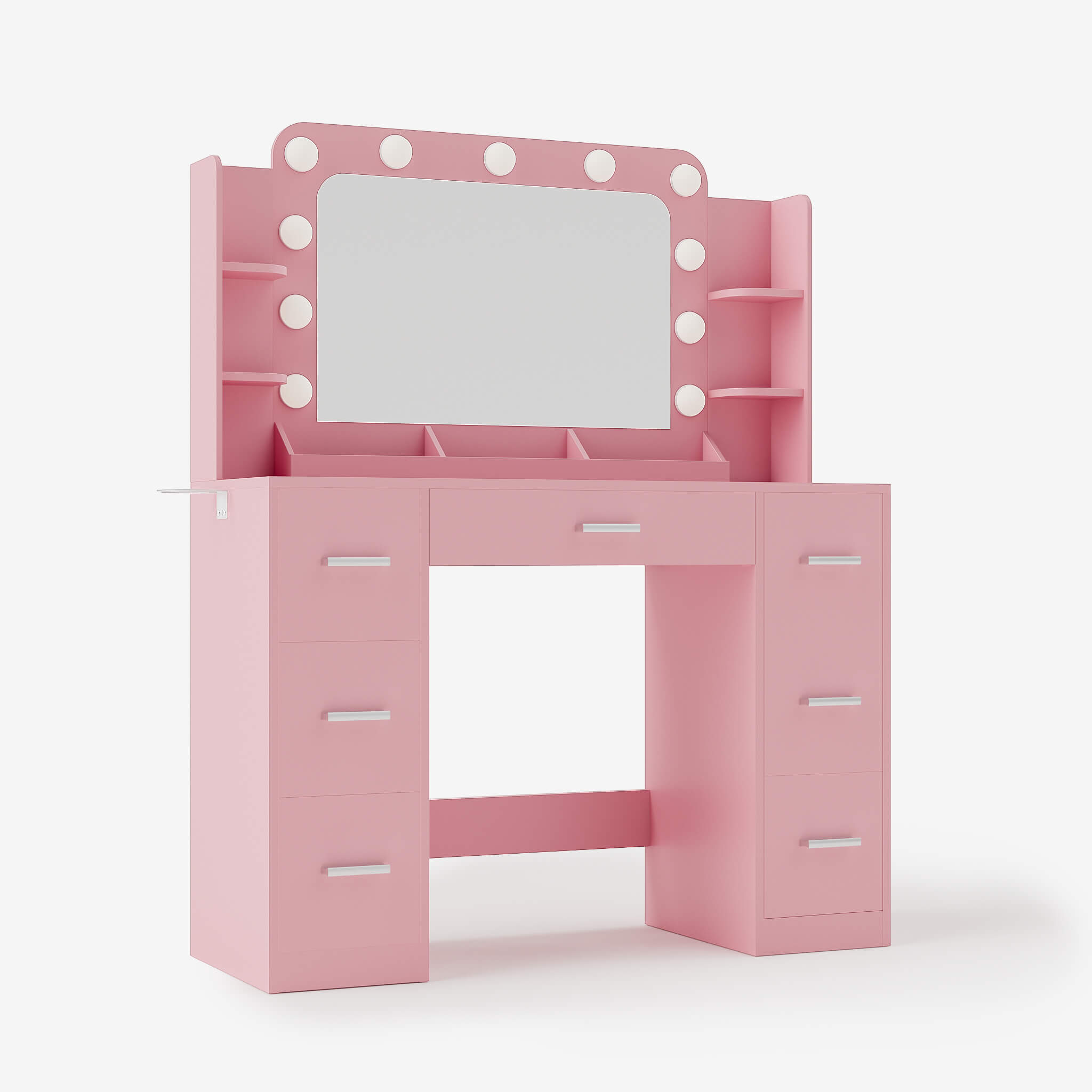 Light Pink Treevan Aura Plus Vanity desk featuring 7 spacious drawers and a desktop storage rack for maximum organization.