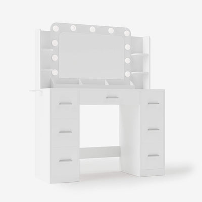 White Treevan Aura Plus Vanity desk featuring 7 spacious drawers and a desktop storage rack for maximum organization.