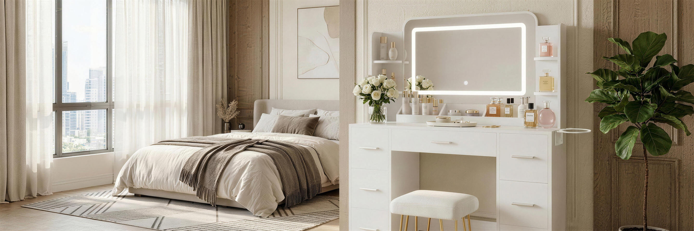 Overview of the Treevan Aura Studio large white makeup vanity, featuring an expansive LED mirror, 7 deep drawers, and 3 desktop shelves for complete beauty organization.