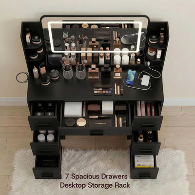Black Treevan Aura Studio makeup desk featuring 7 spacious drawers and a desktop organizer for large capacity.