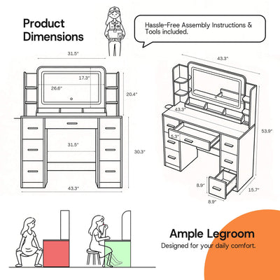 Product dimension diagram for Black Treevan Aura Studio Vanity table showing 43.3 inch width and legroom.
