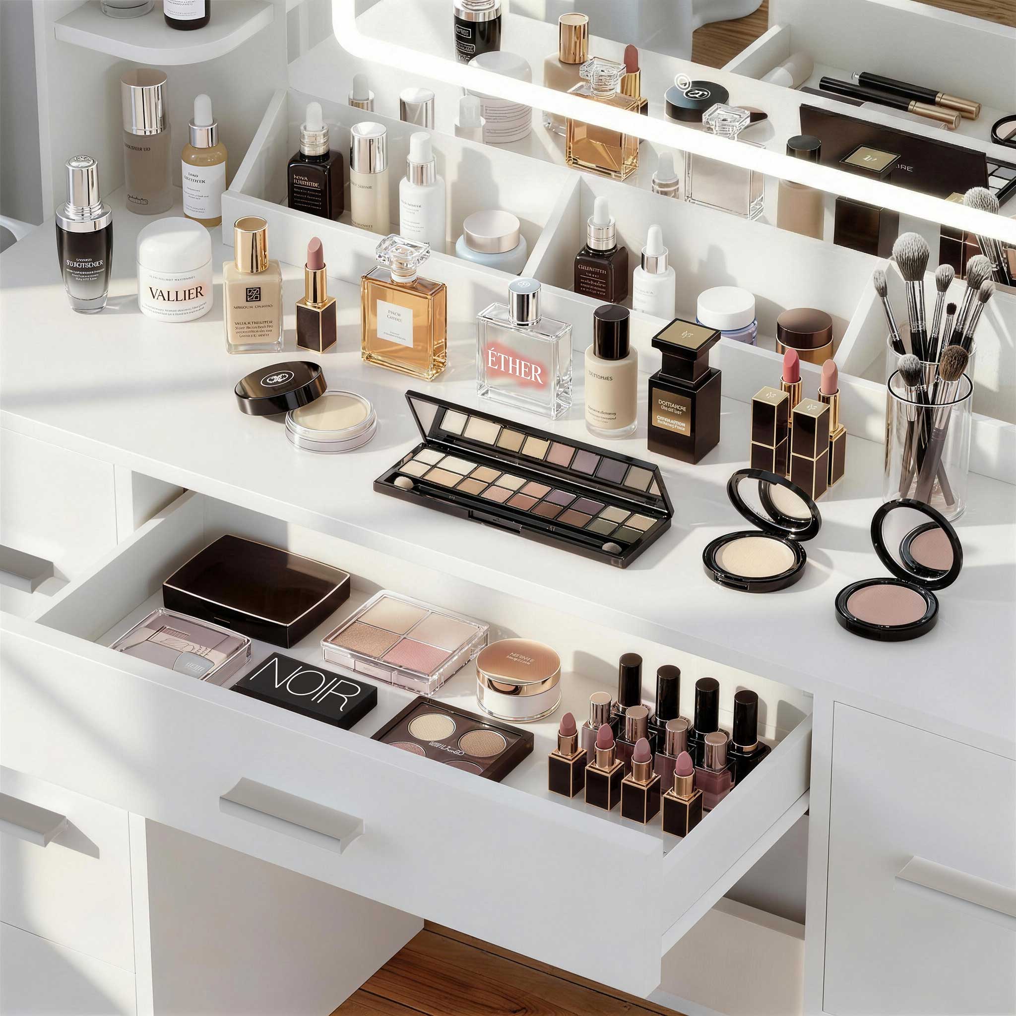 Close-up view of White Treevan Aura Studio Vanity drawer storage space organized with beauty essentials.