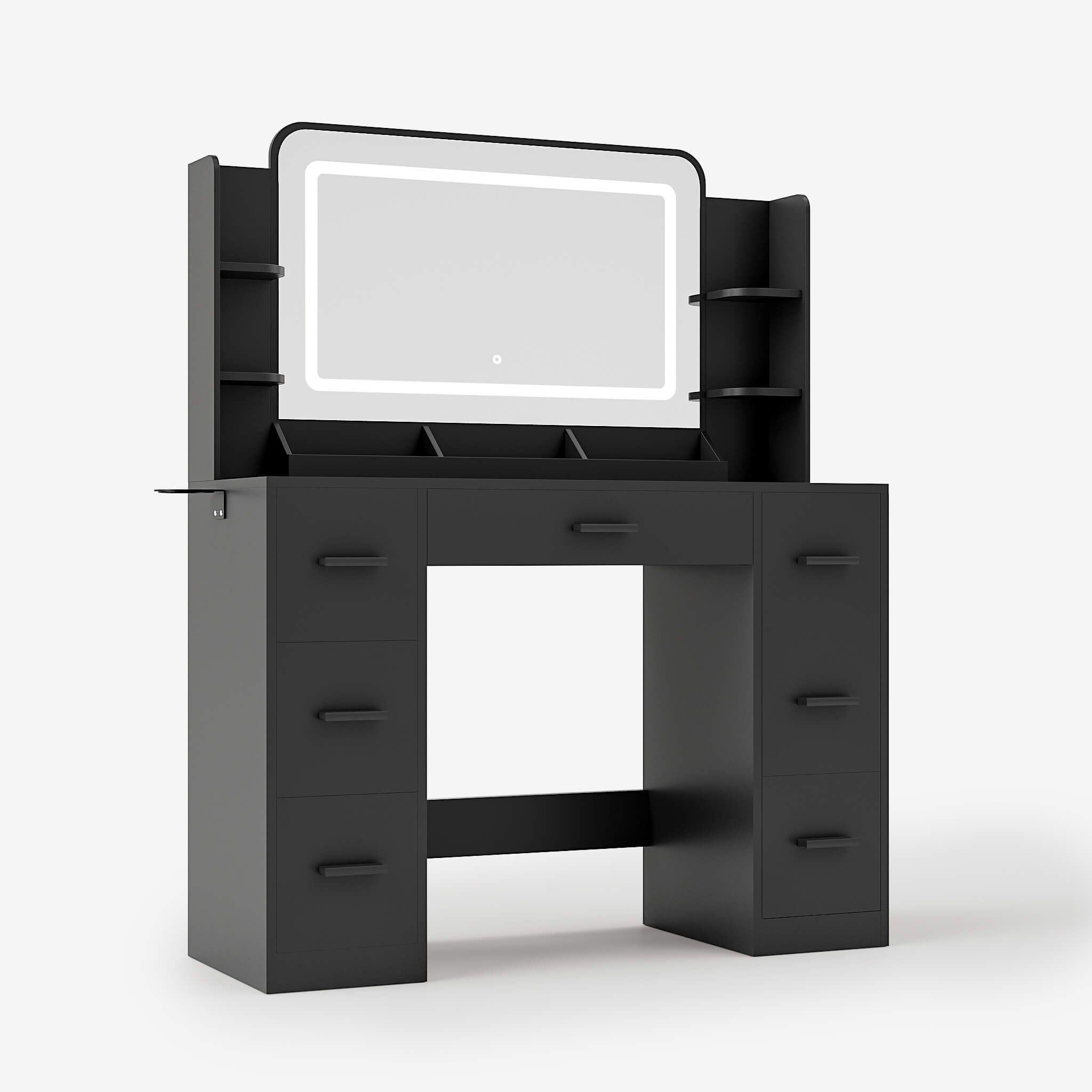 Black Treevan Aura Studio Vanity desk featuring a smart touch LED strip mirror and desktop storage rack.