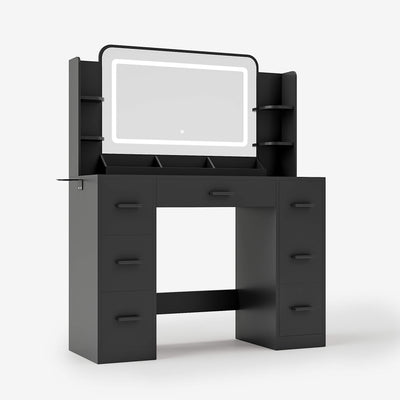 Black Treevan Aura Studio Vanity desk featuring a smart touch LED strip mirror and desktop storage rack.