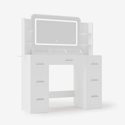 White Treevan Aura Studio Vanity desk featuring a smart touch LED strip mirror and desktop storage rack.