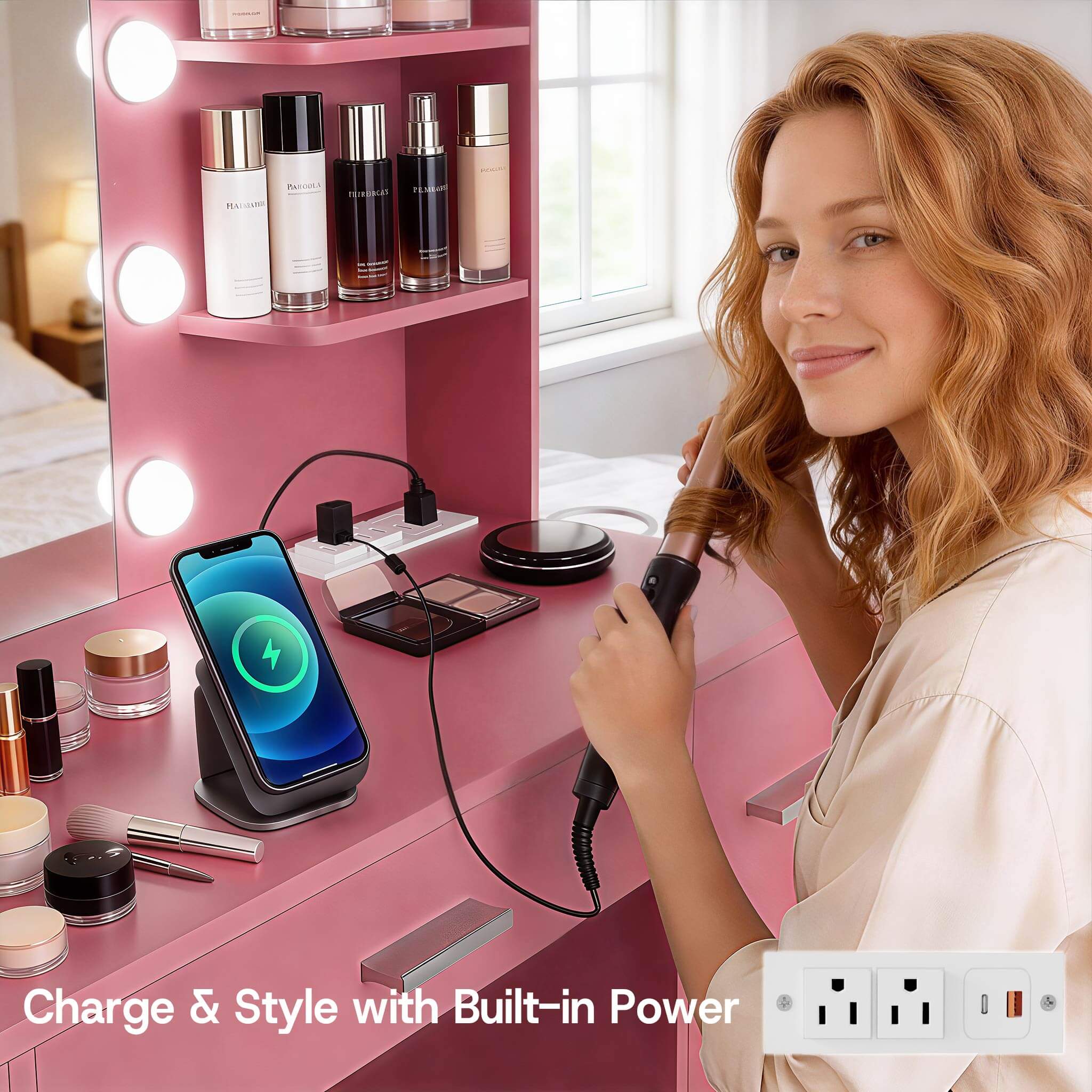 Light Pink Treevan Aura large makeup desk featuring 7 spacious drawers and 6 open shelves.