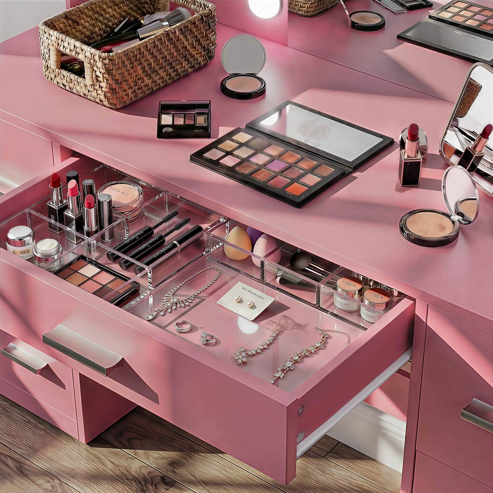 Close-up view of Light Pink Treevan Aura Vanity drawer storage space organized with beauty tools.