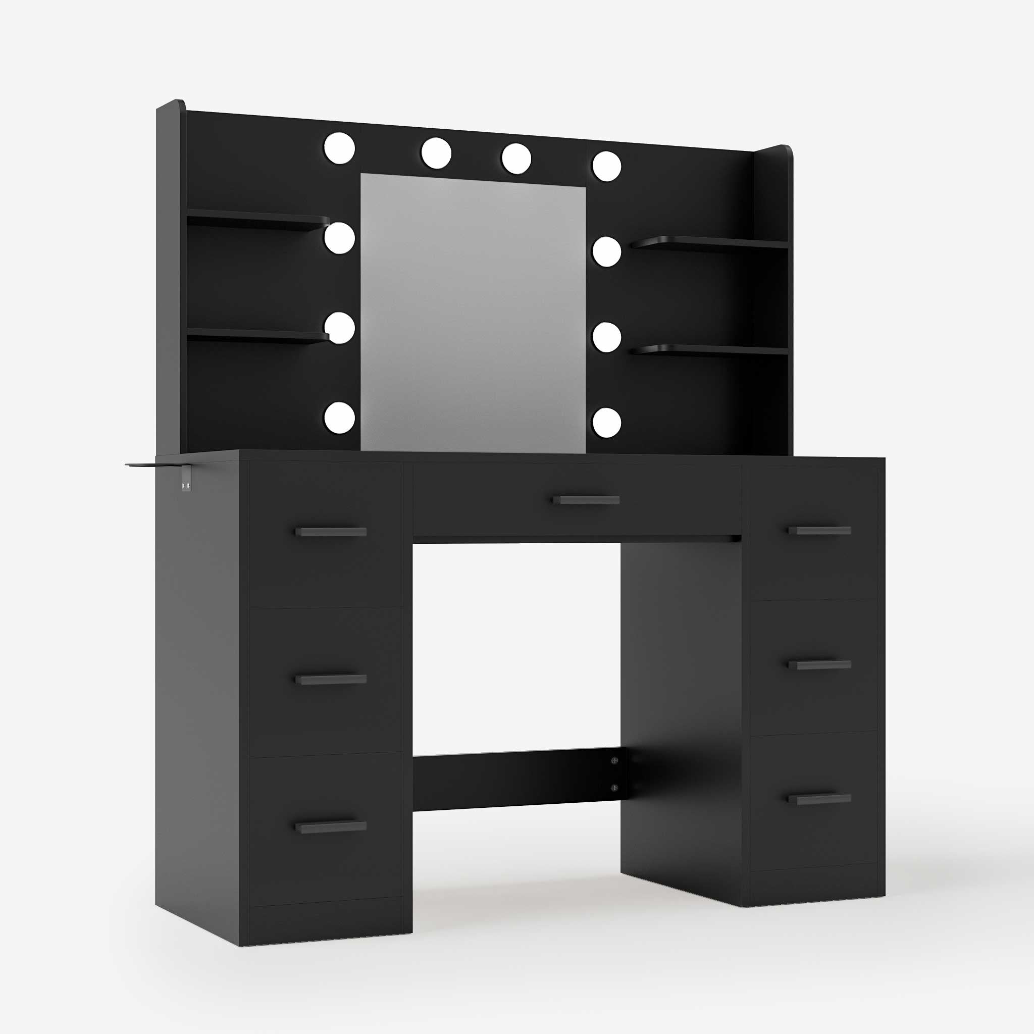 Black Treevan Aura Vanity table featuring a large mirror with Hollywood-style bulbs and multiple storage shelves.