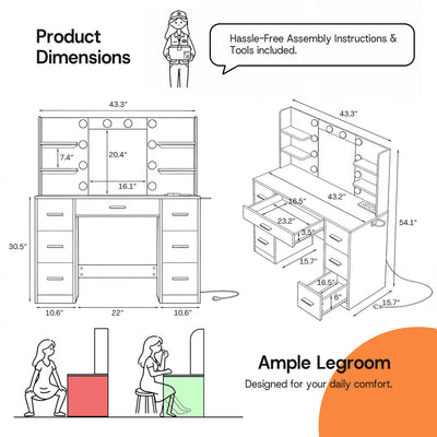 Product dimension diagram for White Treevan vanity table showing height, width, and ample legroom.