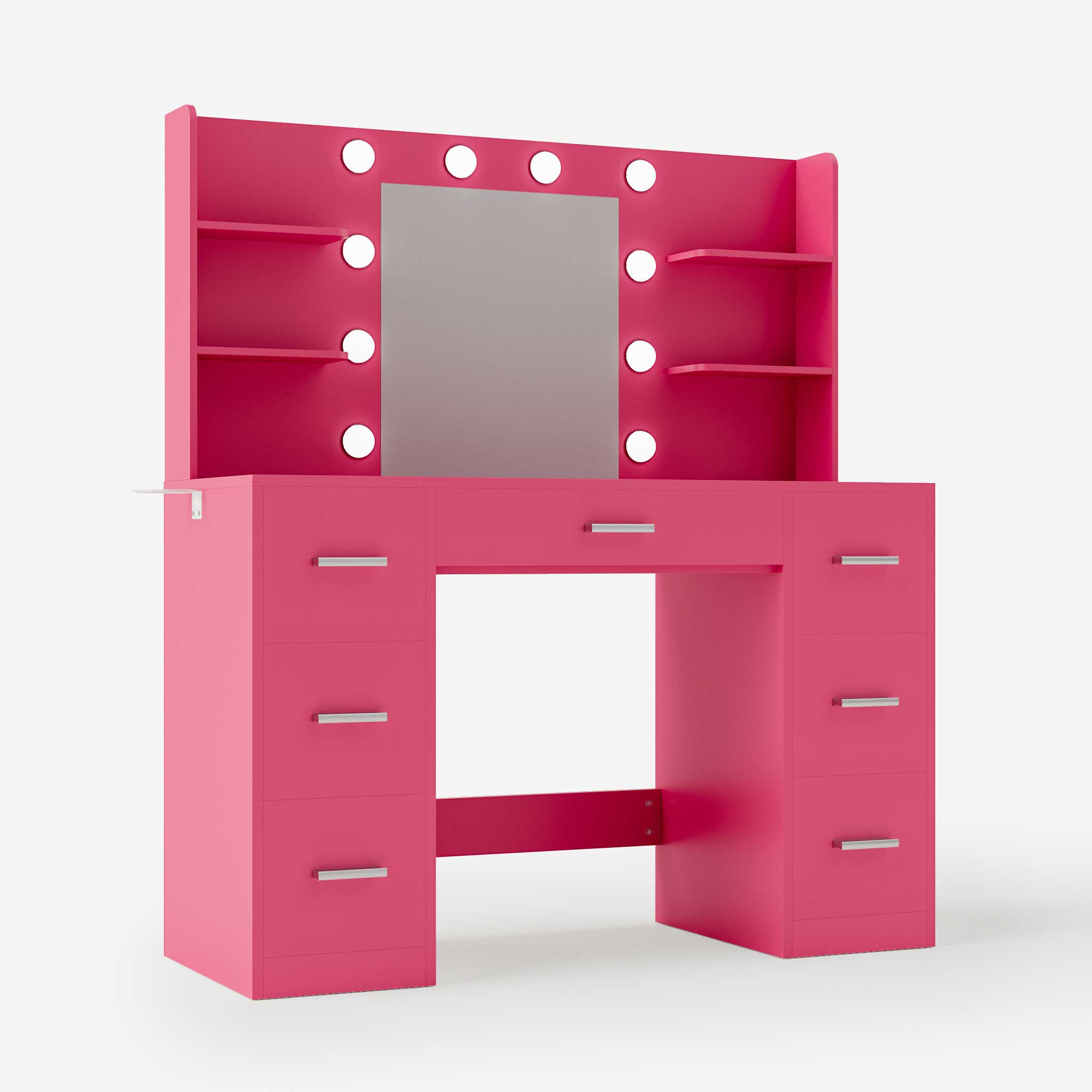 Rose Pink Treevan Aura Vanity table featuring a large mirror with Hollywood-style bulbs and multiple storage shelves.