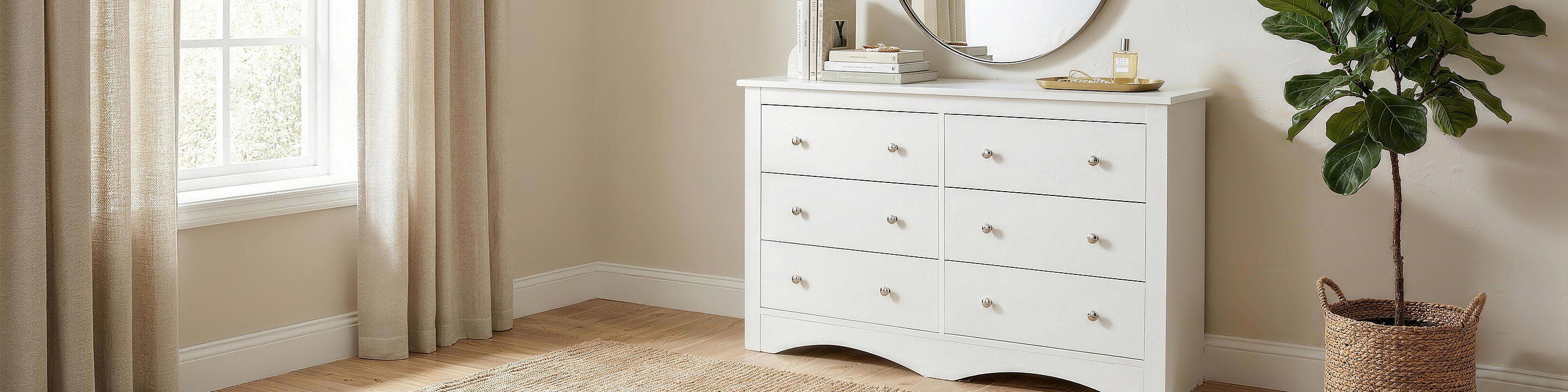 A beautifully organized bedroom featuring a Treevan modern dresser, offering a clutter-free storage solution for your daily life.