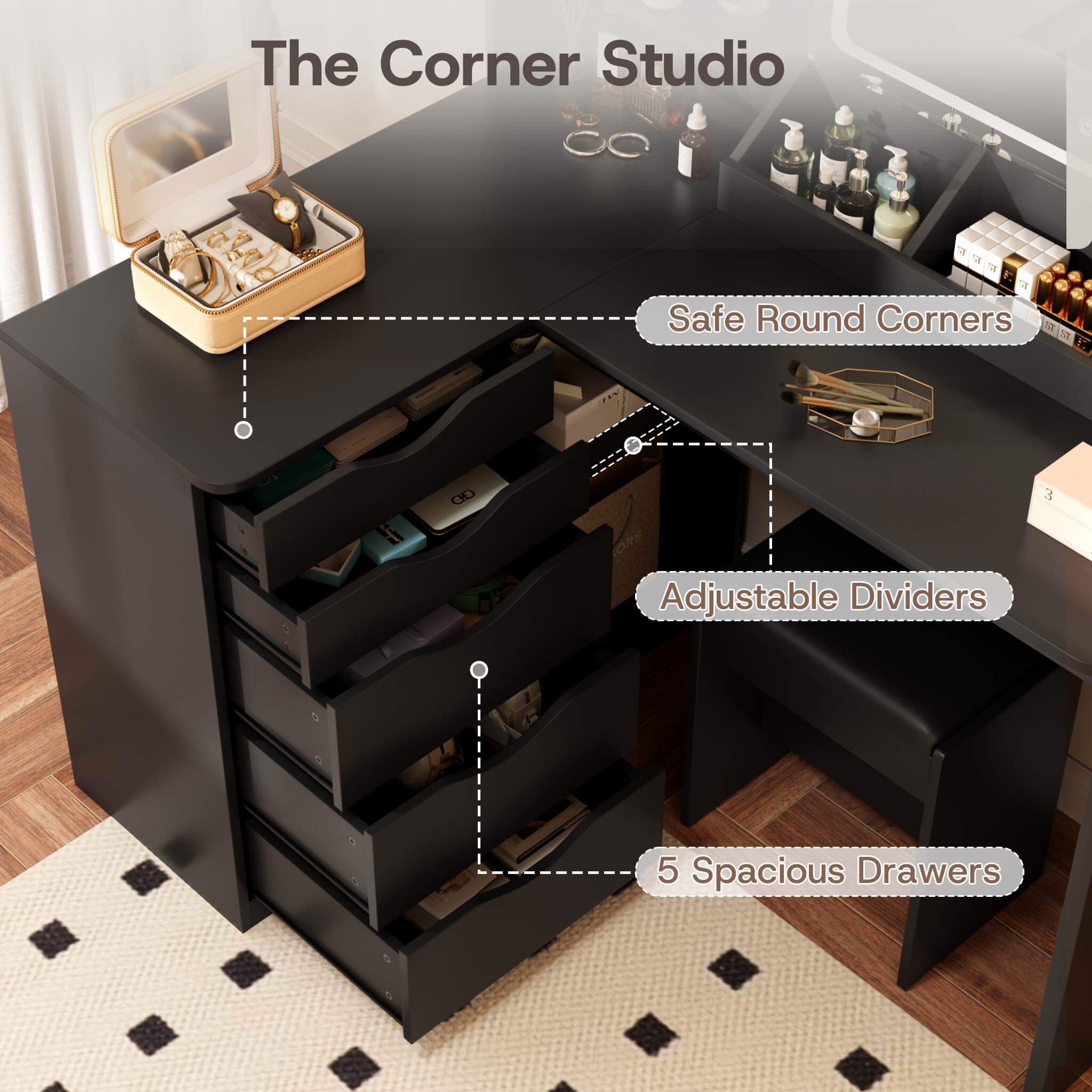 Black Treevan Corner Studio corner makeup desk featuring 5 spacious drawers and adjustable dividers.