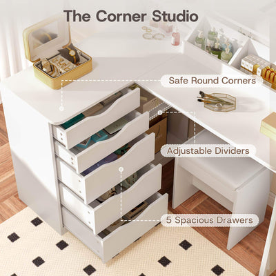 White Treevan Corner Studio corner makeup desk featuring 5 spacious drawers and adjustable dividers.