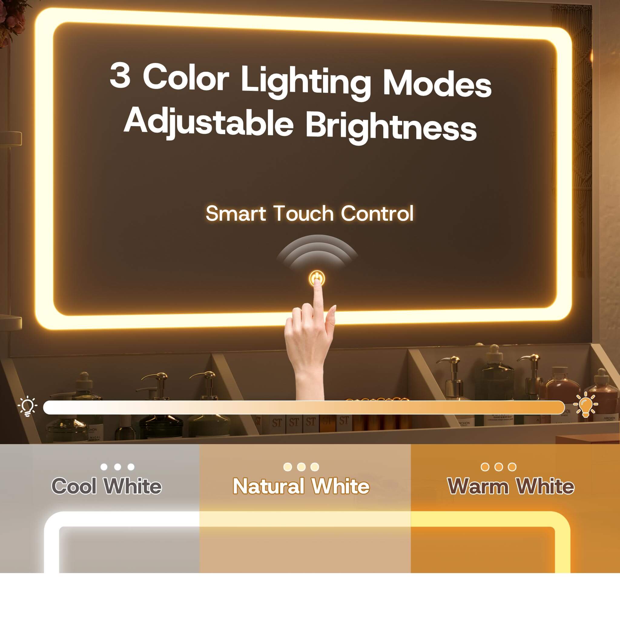 White Treevan Corner Studio vanity mirror with smart touch control and 3 adjustable lighting modes.