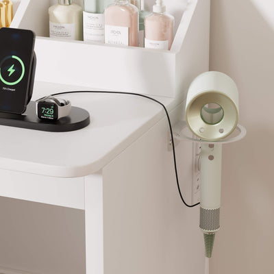 White Treevan Corner Studio vanity table being used as a home office desk with laptop and coffee.