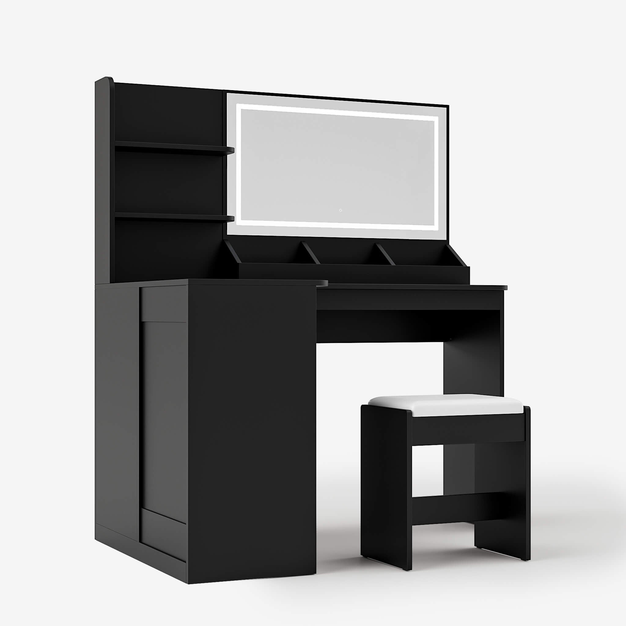 Black Treevan Corner Studio L-shaped vanity desk featuring a smart LED mirror and space-saving design.