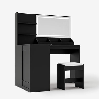 Black Treevan Corner Studio L-shaped vanity desk featuring a smart LED mirror and space-saving design.