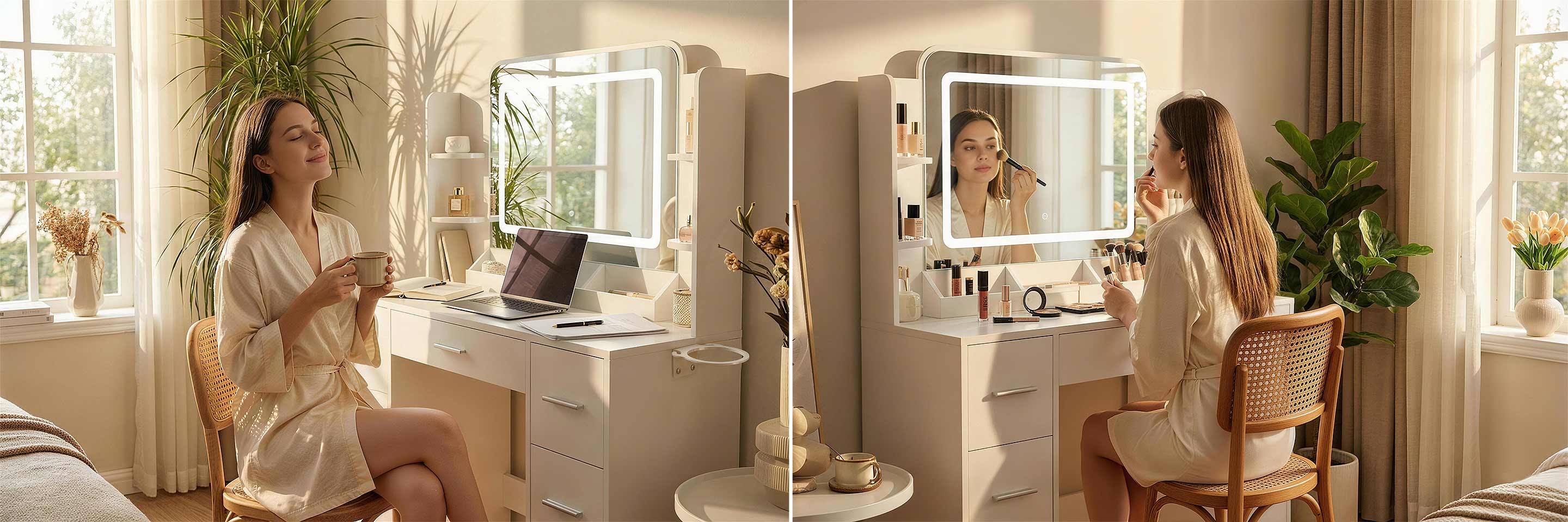 Treevan versatile white makeup desk with an LED mirror used as a home office workstation on the left and a dedicated beauty station on the right, making you work ready and beauty ready.