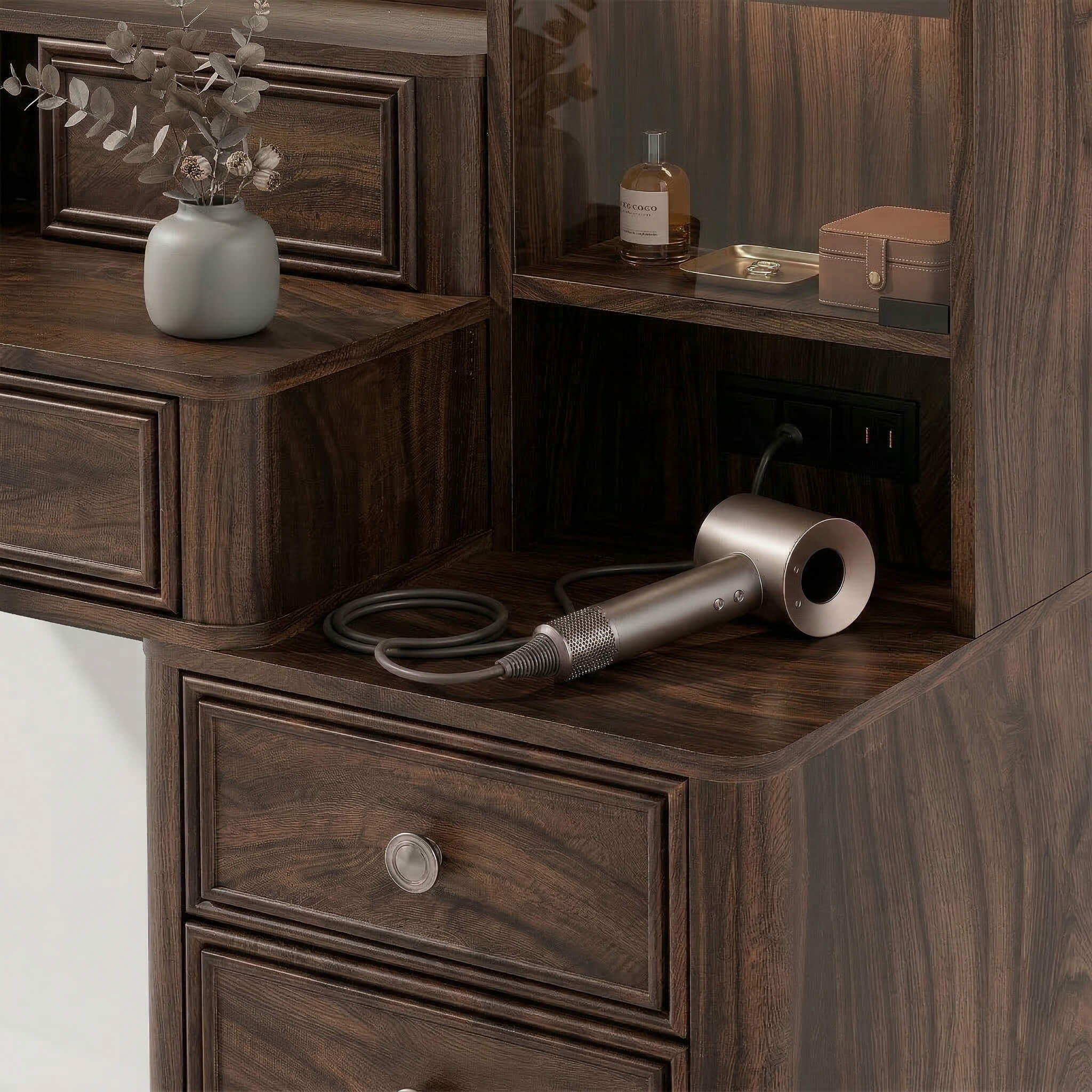 Built-in power strip with AC outlets and USB ports on the Walnut Treevan Gallery Grand vanity desk for easy styling.