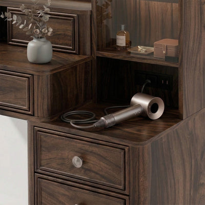 Built-in power strip with AC outlets and USB ports on the Walnut Treevan Gallery Grand vanity desk for easy styling.