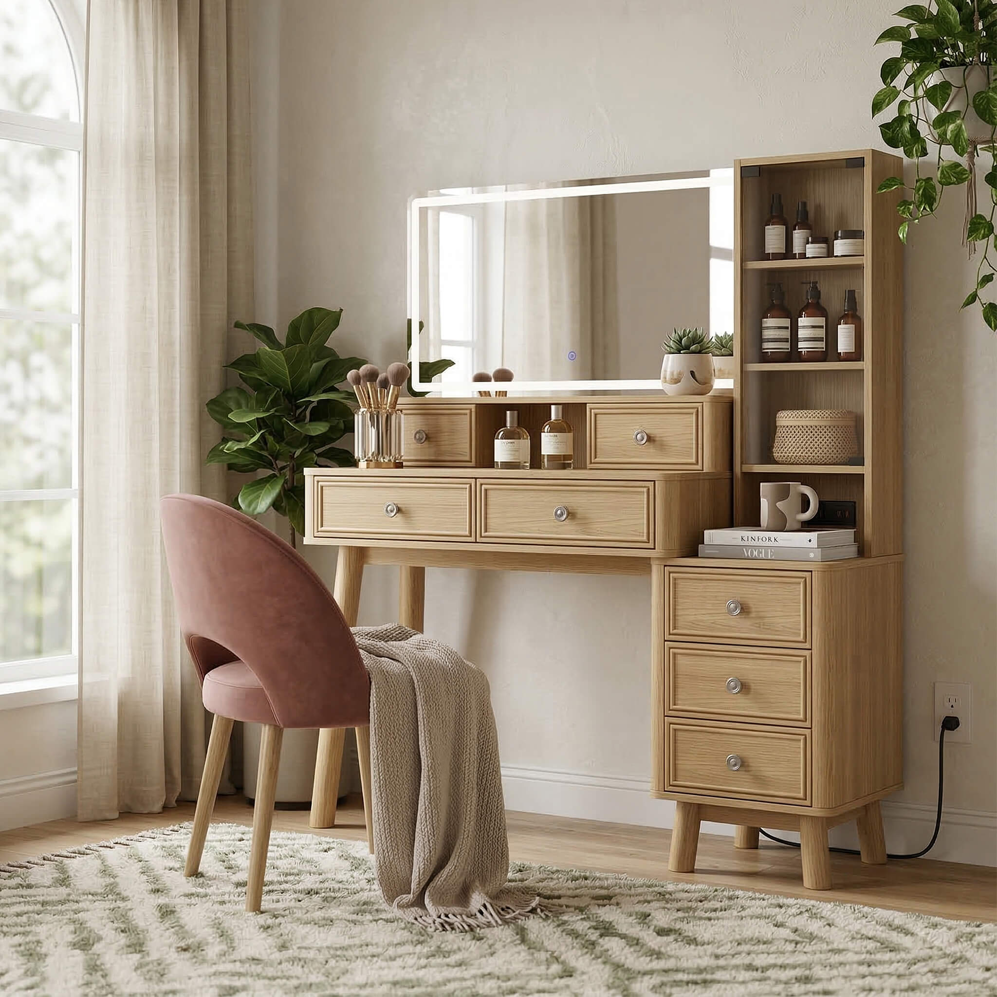 Oak Treevan Gallery Grand vanity desk featuring a premium glass cabinet, styled elegantly in a modern bedroom setting.#color_oak