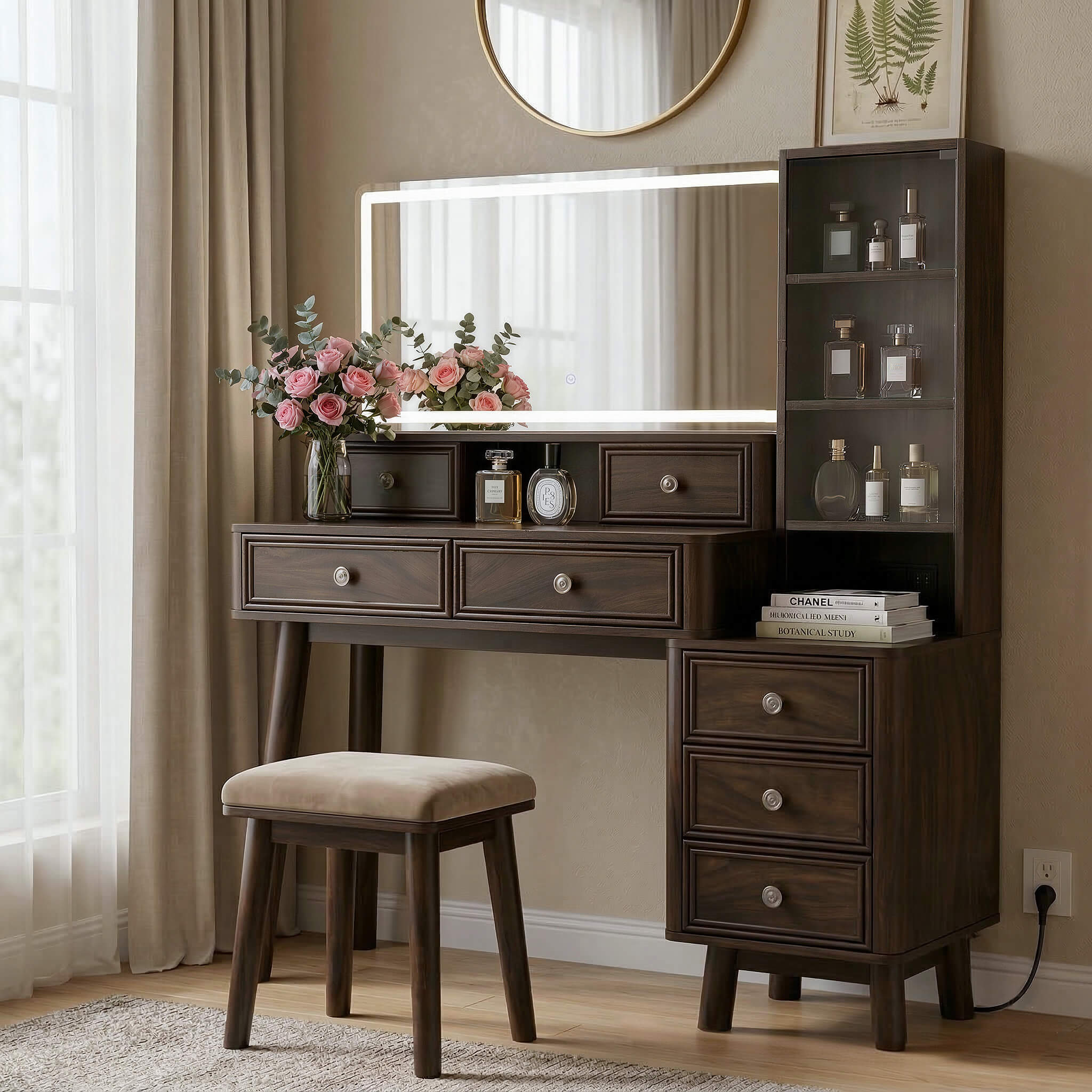 Walnut Treevan Gallery Grand vanity desk featuring a premium glass cabinet, styled elegantly in a modern bedroom setting.