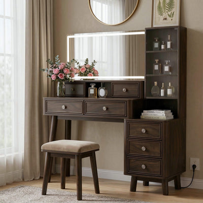 Walnut Treevan Gallery Grand vanity desk featuring a premium glass cabinet, styled elegantly in a modern bedroom setting.