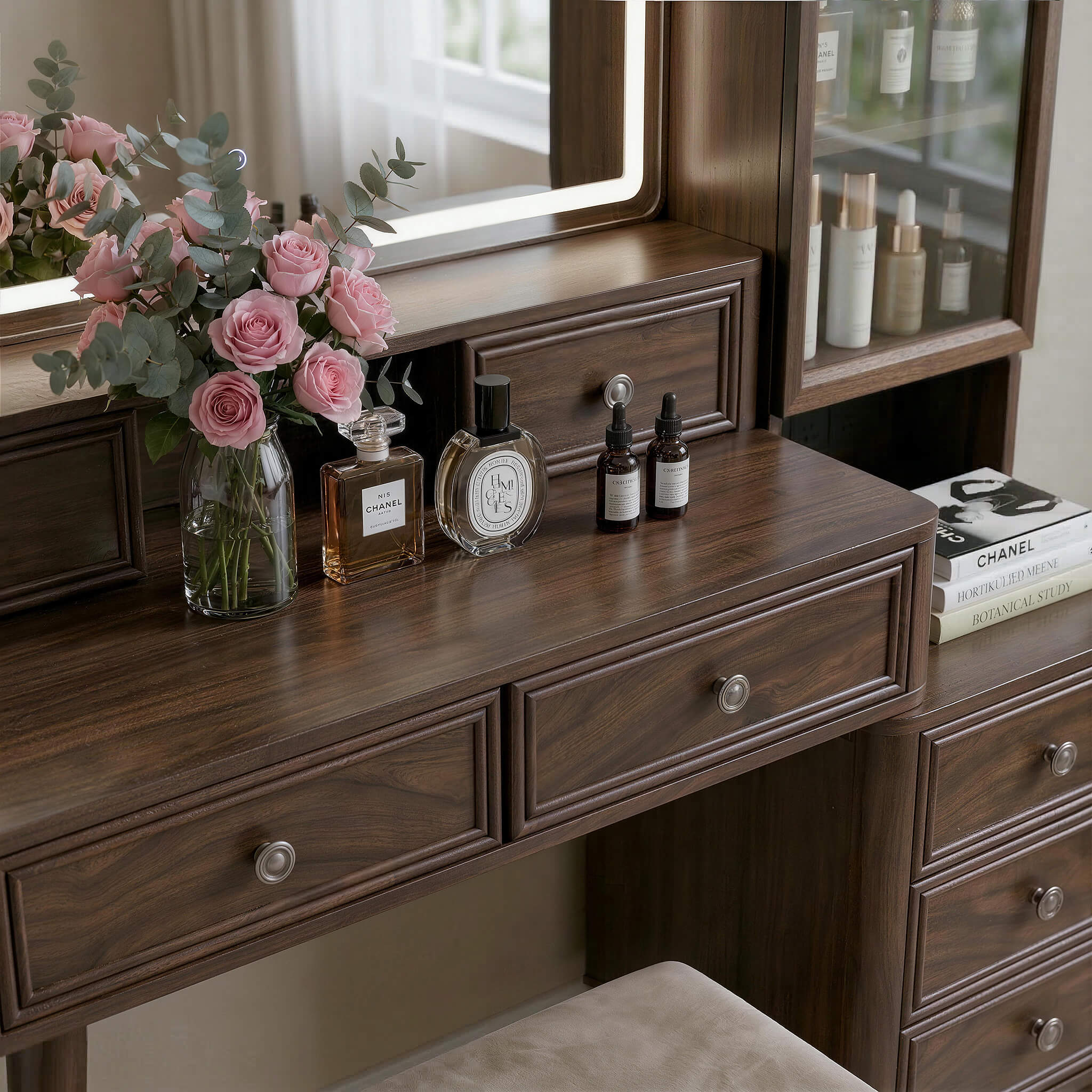 Close-up of the Walnut Treevan Gallery Grand vanity desktop featuring small organizing drawers and perfume display space.