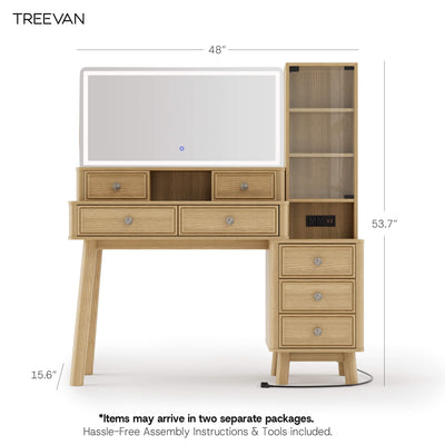 Product dimension diagram for the Oak Treevan Gallery Grand vanity desk showing 48-inch width and cabinet height.