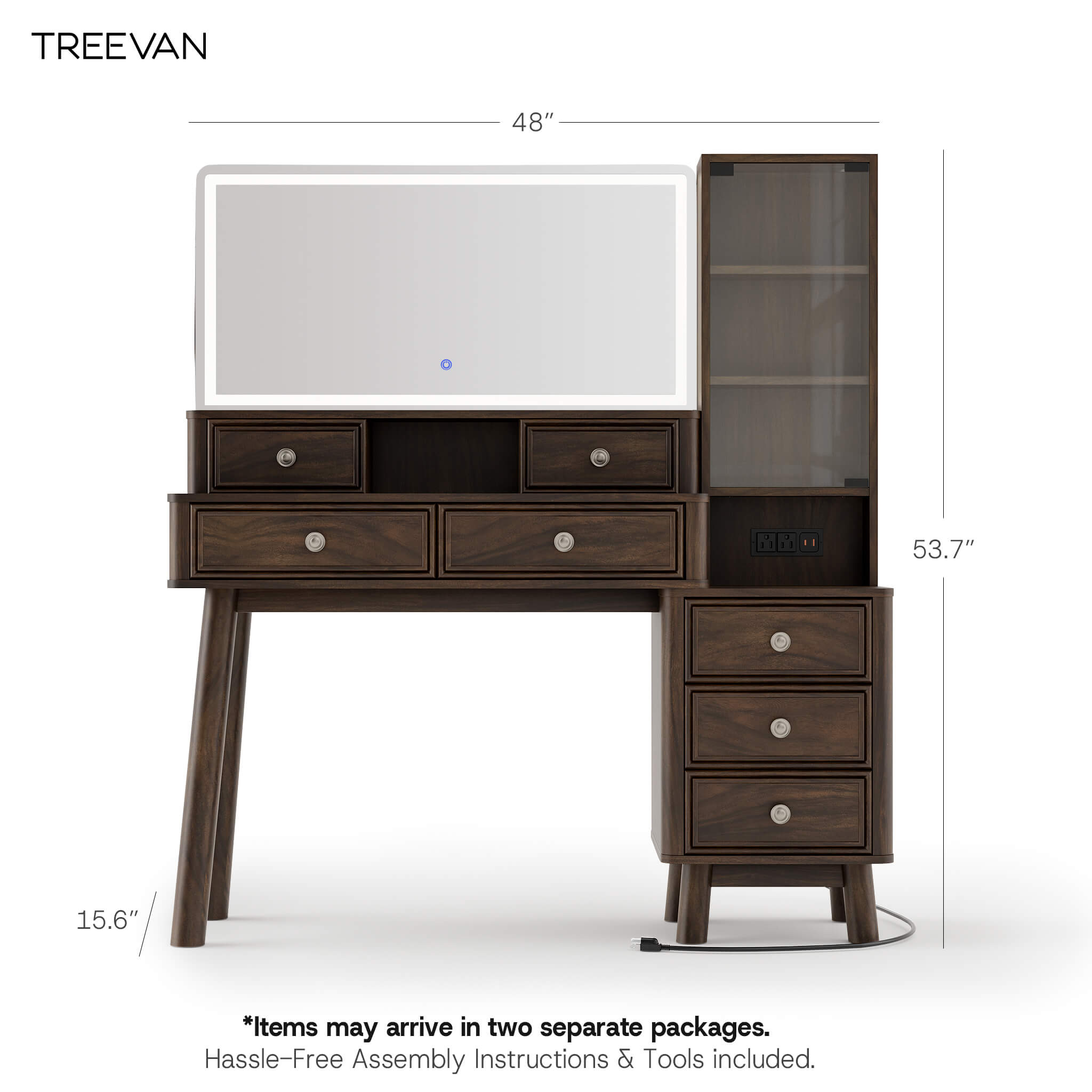 Product dimension diagram for the Walnut Treevan Gallery Grand vanity desk showing 48-inch width and cabinet height.