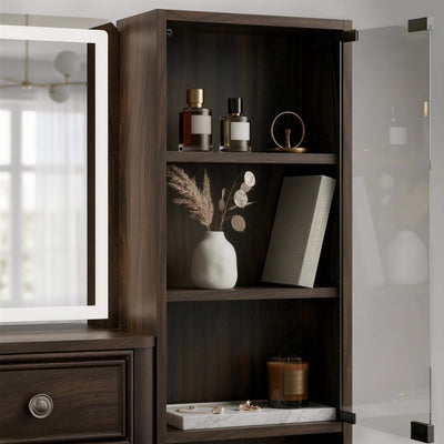 Close-up interior view of the Walnut Treevan Gallery Grand vanity display cabinet featuring a premium tempered glass door and spacious shelves organized with perfumes and decor.