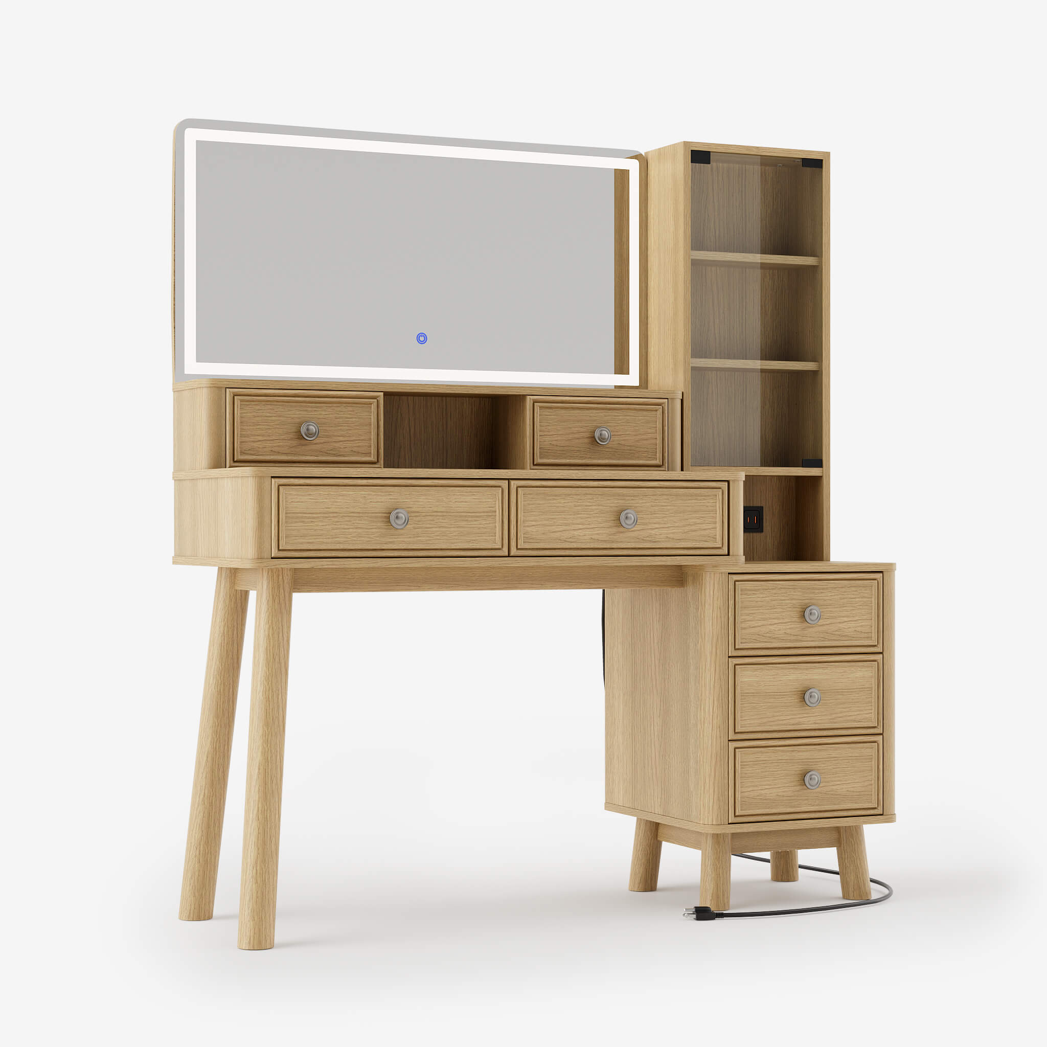 Oak Treevan Gallery Grand vanity desk with LED mirror and side display cabinet, isolated on a white background.#color_oak