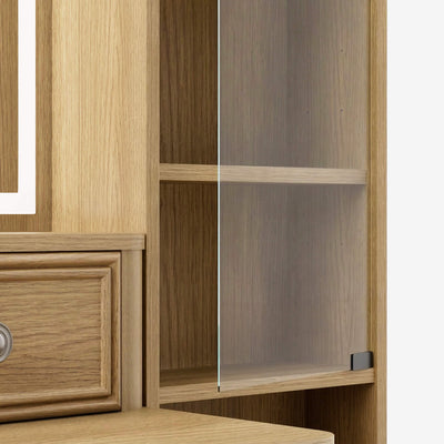 Close-up of the premium tempered glass cabinet door with sleek hardware on the Oak Treevan Gallery Grand vanity.