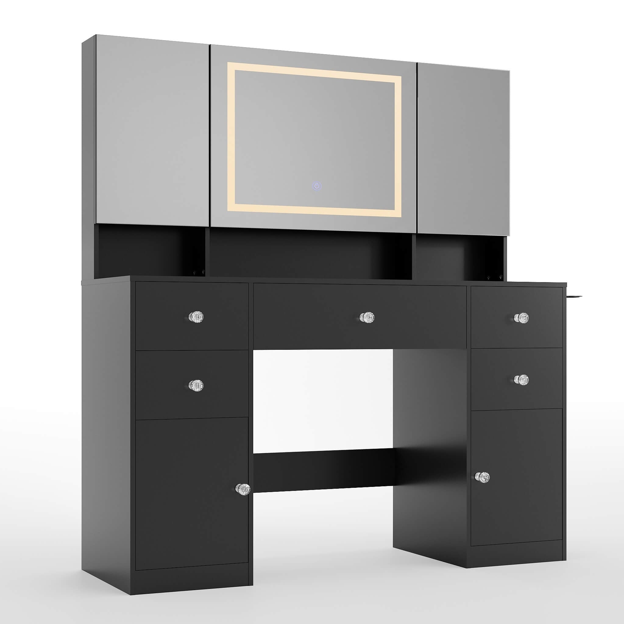 Black Treevan Gallery Vanity desk featuring studio-grade capacity with open cabinets and a glass desktop.#color_black