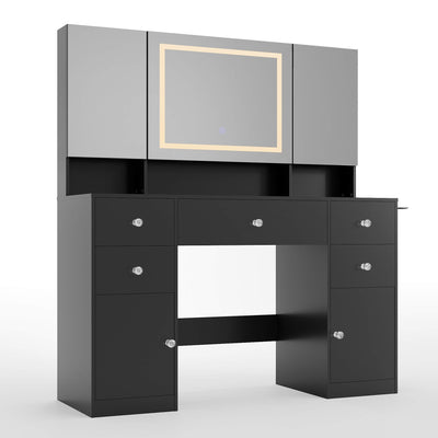 Black Treevan Gallery Vanity desk featuring studio-grade capacity with open cabinets and a glass desktop.